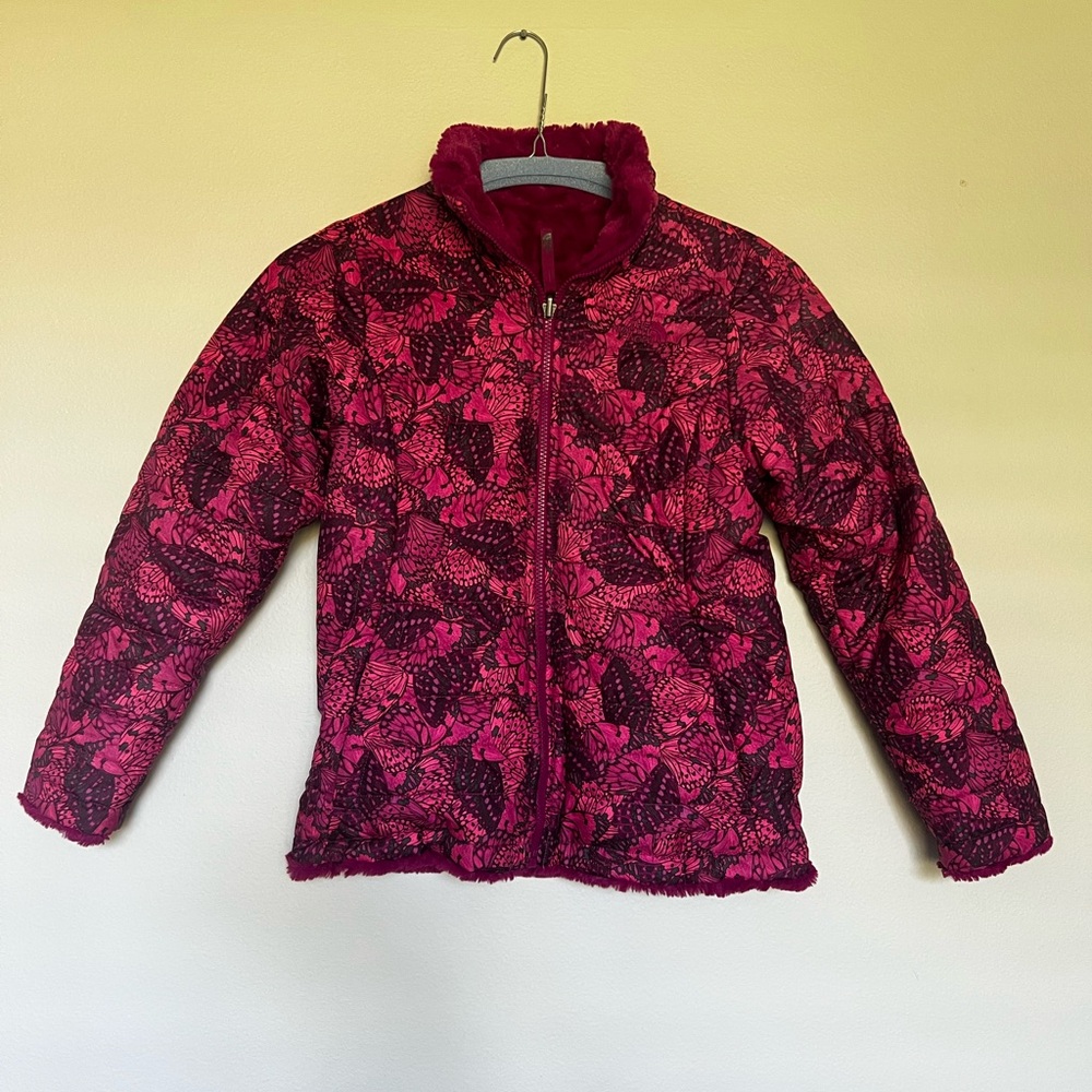 The North Face Girls' Magenta Butterfly-Print Puffer Jacket with Faux-Fur Trim